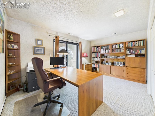 carpeted home office featuring a textured ceiling and a textured wall