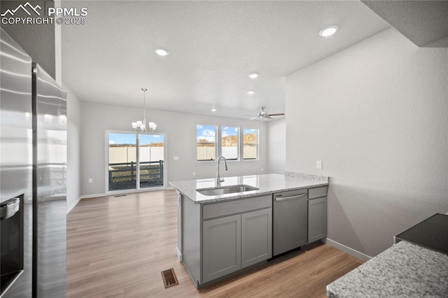 kitchen featuring visible vents, a peninsula, appliances with stainless steel finishes, a sink, and gray cabinetry