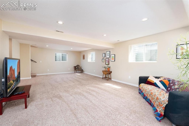 sitting room with recessed lighting, stairs, carpet flooring, and baseboards