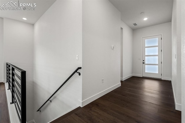 6678 Thimble Ct, Colorado Springs, CO 80924 - corridor featuring an upstairs landing, dark wood-type flooring, baseboards, and recessed lighting