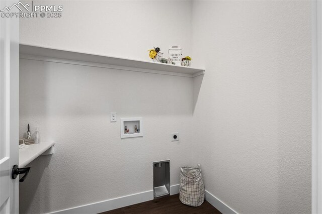 6678 Thimble Ct, Colorado Springs, CO 80924 - clothes washing area with hookup for an electric dryer, washer hookup, baseboards, and dark wood finished floors