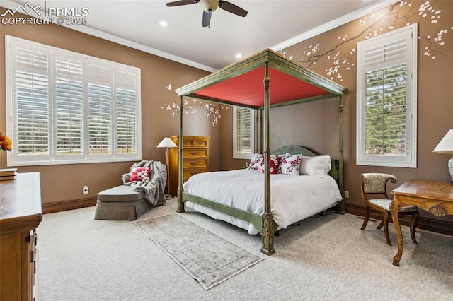 3870 S Club Dr, Colorado Springs, CO 80906 - carpeted bedroom with baseboards, crown molding, and a ceiling fan