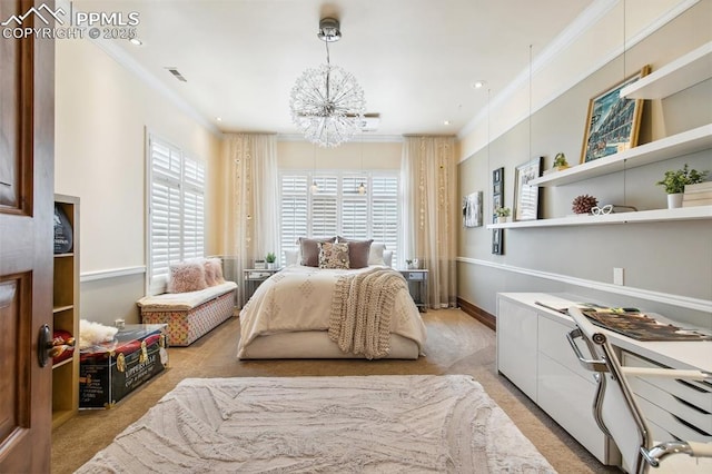 3870 S Club Dr, Colorado Springs, CO 80906 - bedroom featuring an inviting chandelier, ornamental molding, light carpet, recessed lighting, and visible vents