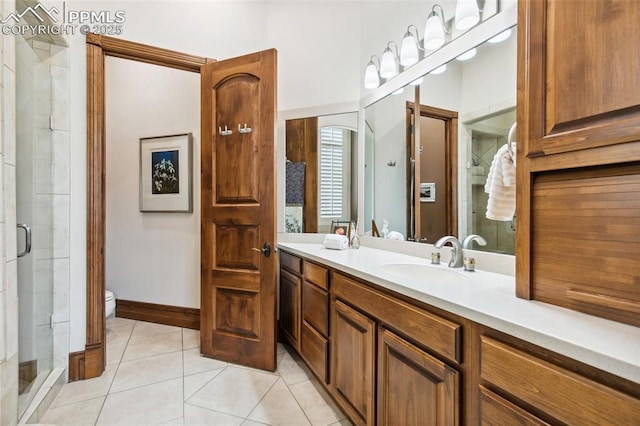 3870 S Club Dr, Colorado Springs, CO 80906 - bathroom with a shower stall, vanity, tile patterned flooring, toilet, and baseboards