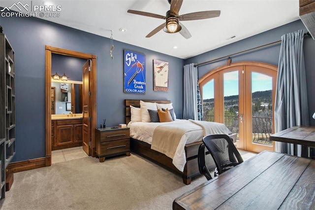 3870 S Club Dr, Colorado Springs, CO 80906 - bedroom with light carpet, recessed lighting, ensuite bath, visible vents, and access to exterior