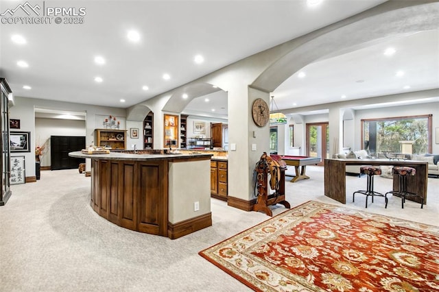 3870 S Club Dr, Colorado Springs, CO 80906 - bar featuring light carpet, recessed lighting, pool table, and arched walkways