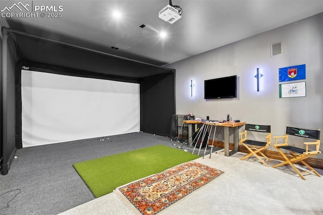 3870 S Club Dr, Colorado Springs, CO 80906 - game room featuring golf simulator, visible vents, and carpet floors