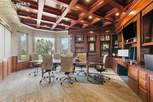 3870 S Club Dr, Colorado Springs, CO 80906 - home office featuring built in study area, beam ceiling, and coffered ceiling