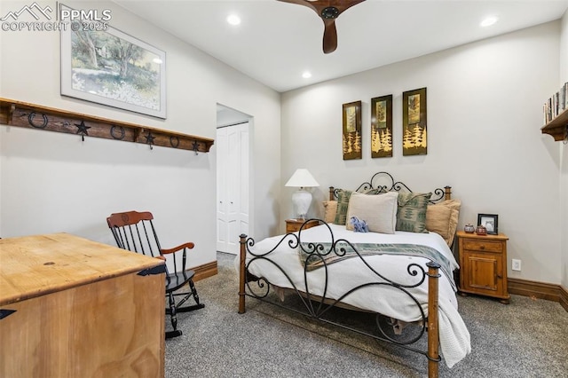 3870 S Club Dr, Colorado Springs, CO 80906 - carpeted bedroom with a closet, baseboards, a ceiling fan, and recessed lighting