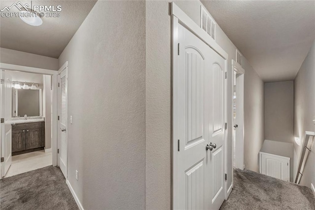 4691 Pleasant Port Vw, Colorado Springs, CO 80911 - hall with carpet flooring, a textured ceiling, visible vents, a sink, and a textured wall