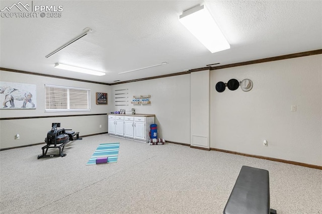 workout room with baseboards, a textured ceiling, crown molding, and light carpet