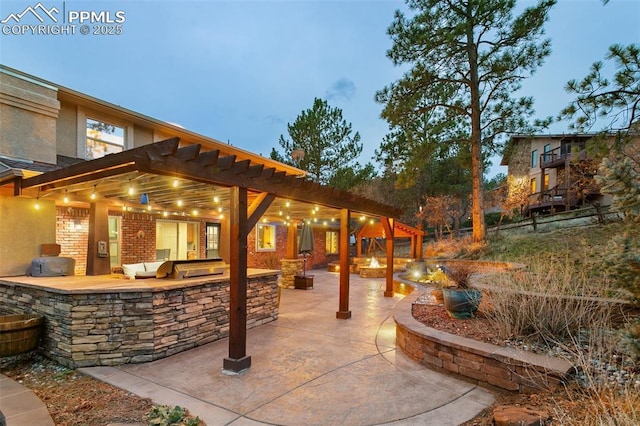 view of patio / terrace with a pergola, an outdoor fire pit, and exterior kitchen