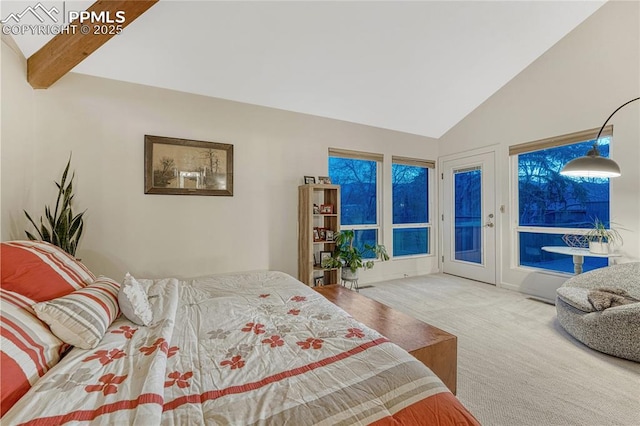 2372 Wood Ave, Colorado Springs, CO 80907 - carpeted bedroom with vaulted ceiling with beams and access to exterior