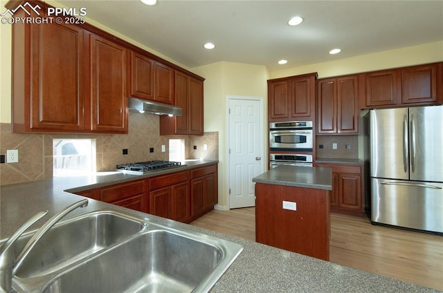 9443 St George Rd, Peyton, CO 80831 - kitchen featuring under cabinet range hood, decorative backsplash, stainless steel appliances, light wood finished floors, and a sink