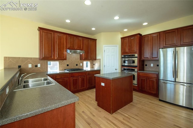 9443 St George Rd, Peyton, CO 80831 - kitchen featuring tasteful backsplash, light wood-style flooring, under cabinet range hood, stainless steel appliances, and a sink