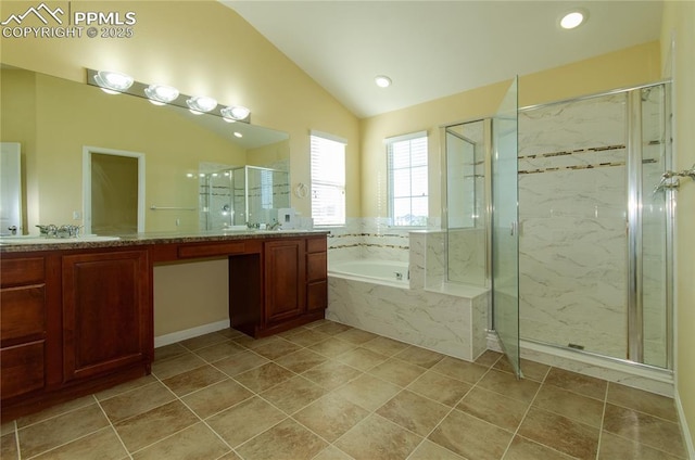 9443 St George Rd, Peyton, CO 80831 - bathroom featuring a bath, vanity, a marble finish shower, tile patterned flooring, and lofted ceiling