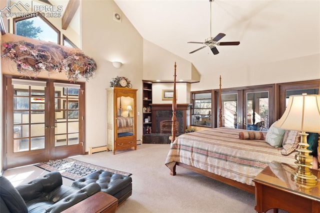 714 Southern Cross Pl, Colorado Springs, CO 80906 - bedroom with high vaulted ceiling, carpet floors, baseboard heating, a tiled fireplace, and french doors