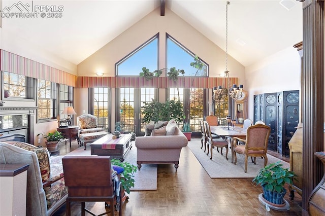 714 Southern Cross Pl, Colorado Springs, CO 80906 - interior space featuring a notable chandelier, beam ceiling, and plenty of natural light
