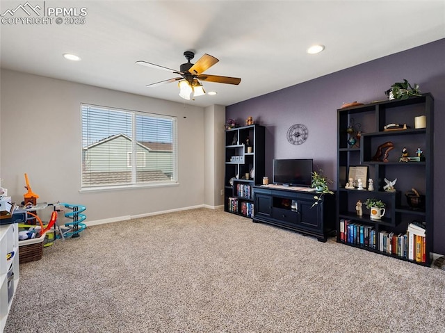recreation room with ceiling fan, recessed lighting, carpet flooring, and baseboards