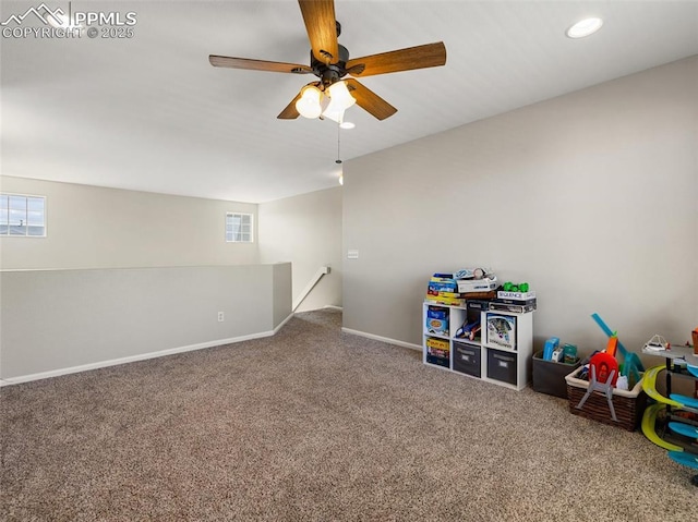 playroom featuring ceiling fan, visible vents, recessed lighting, carpet floors, and baseboards