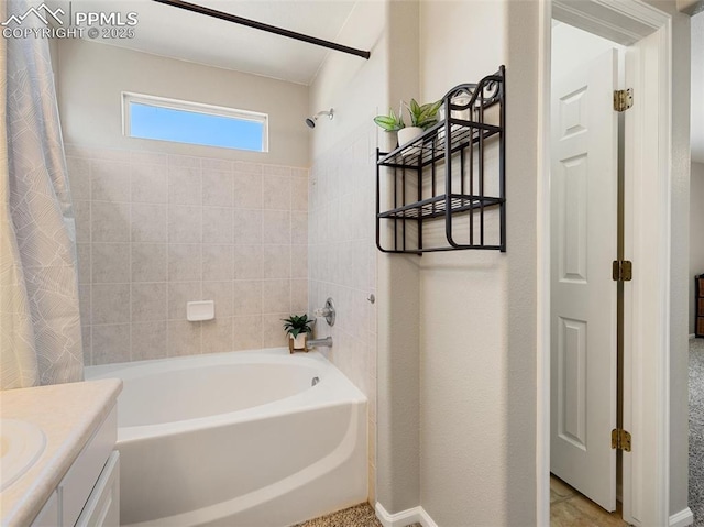 full bath with shower / bath combo with shower curtain and vanity
