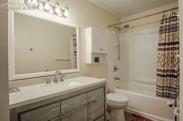 bathroom with toilet, shower / bath combo, and vanity