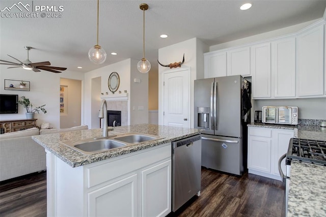 17718 Leisure Lake Dr, Monument, CO 80132 - kitchen featuring appliances with stainless steel finishes, a sink, open floor plan, dark wood-type flooring, and recessed lighting