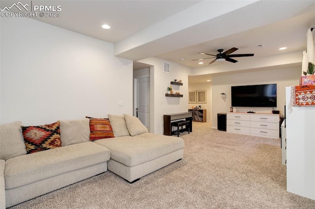 17718 Leisure Lake Dr, Monument, CO 80132 - living area with recessed lighting, light carpet, and a ceiling fan