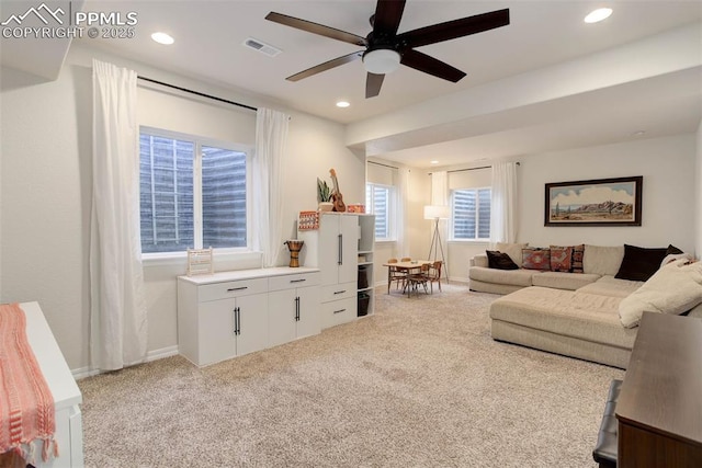 17718 Leisure Lake Dr, Monument, CO 80132 - carpeted living room with ceiling fan, recessed lighting, and baseboards