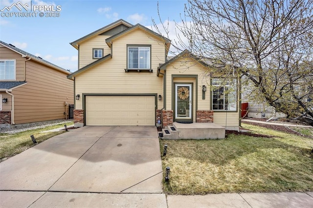 view of front of house featuring concrete driveway, a front lawn, brick siding, and a garage