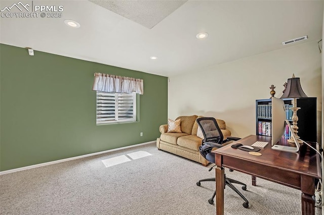 carpeted office featuring recessed lighting, visible vents, and baseboards