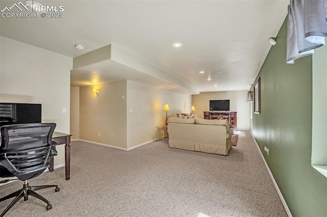 carpeted living room with baseboards and recessed lighting