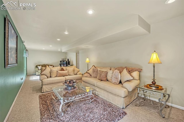 carpeted living room with baseboards and recessed lighting