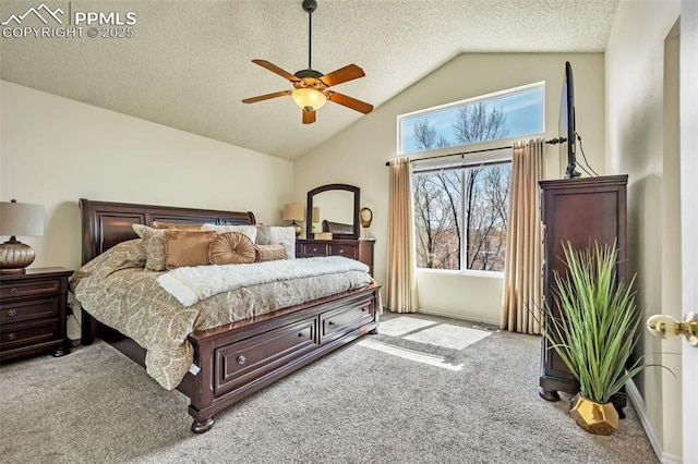 carpeted bedroom featuring vaulted ceiling, a textured ceiling, and a ceiling fan