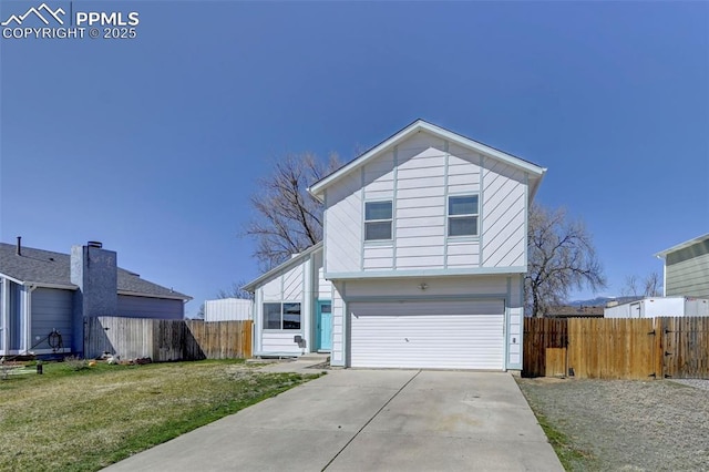 view of front of house featuring a garage, a front lawn, fence, and concrete driveway