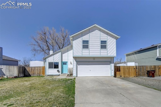view of front of property with a front lawn, fence, a garage, and concrete driveway