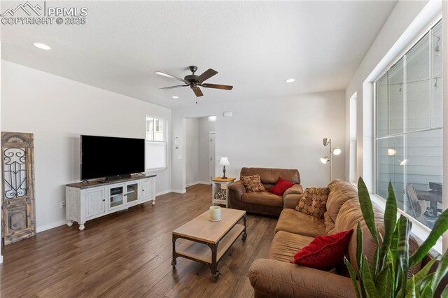 5894 Spring Breeze Dr, Colorado Springs, CO 80923 - living area with recessed lighting, dark wood-style flooring, baseboards, and ceiling fan