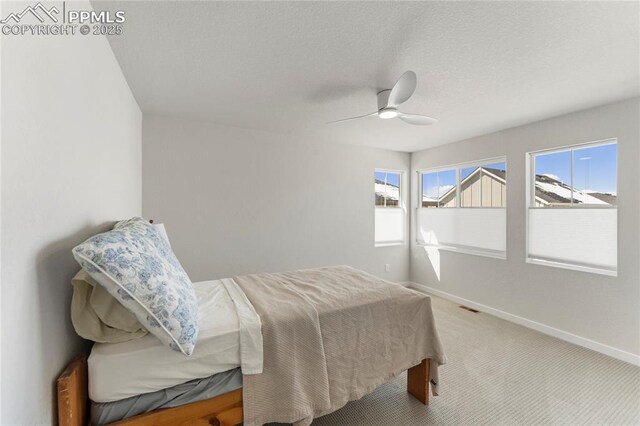 5894 Spring Breeze Dr, Colorado Springs, CO 80923 - bedroom with a textured ceiling, a ceiling fan, visible vents, carpet floors, and baseboards