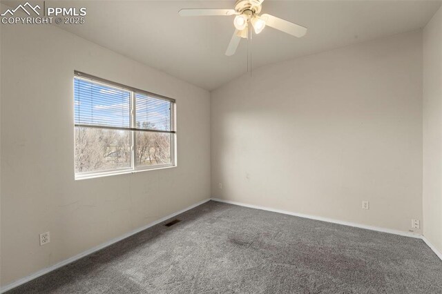 795 Ridgebury Pl, Fountain, CO 80817 - unfurnished room featuring visible vents, baseboards, ceiling fan, carpet floors, and lofted ceiling
