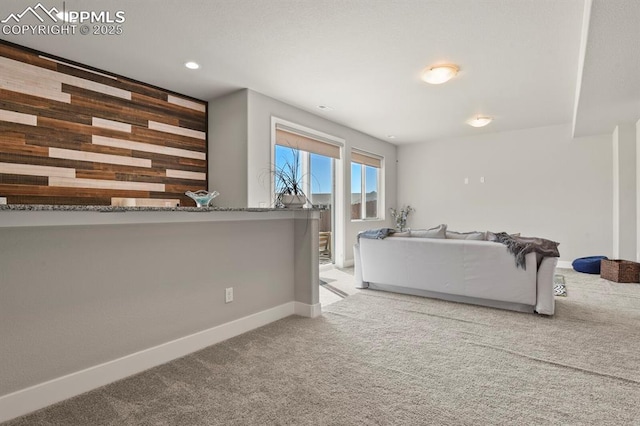 bedroom with wooden walls, access to exterior, carpet flooring, and baseboards