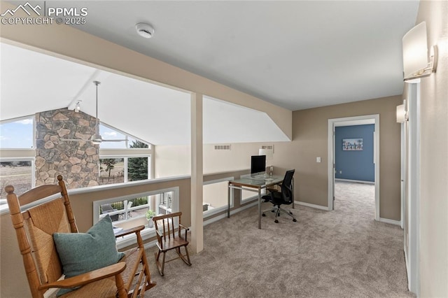 190 Huntington Beach Dr, Colorado Springs, CO 80921 - home office featuring visible vents, a wealth of natural light, carpet flooring, and lofted ceiling with beams