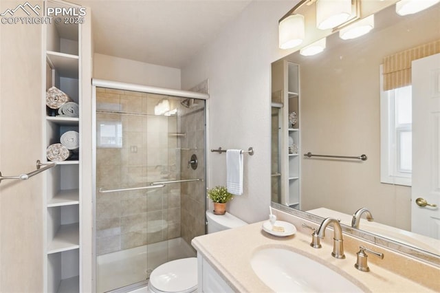 2928 Drakestone Dr, Colorado Springs, CO 80909 - bathroom with vanity, a stall shower, and toilet