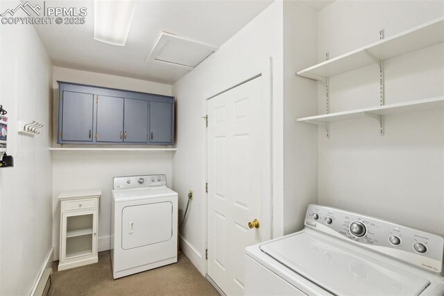 2928 Drakestone Dr, Colorado Springs, CO 80909 - clothes washing area with cabinet space, light carpet, separate washer and dryer, attic access, and baseboards