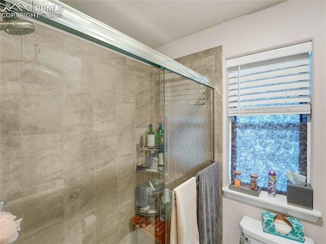 full bathroom with toilet and a stall shower