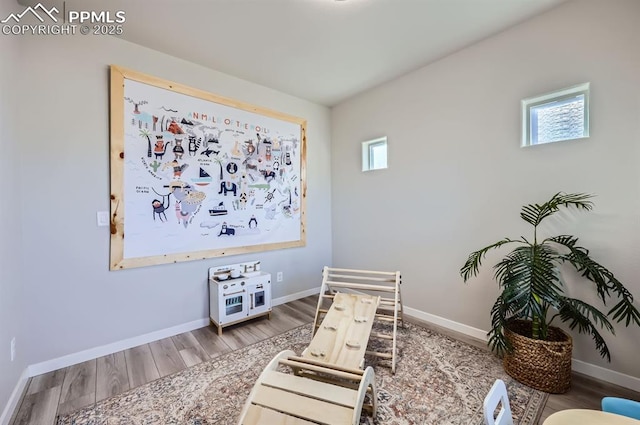 rec room with baseboards and wood finished floors