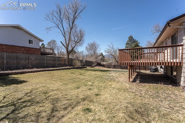 view of yard featuring a fenced backyard and a wooden deck