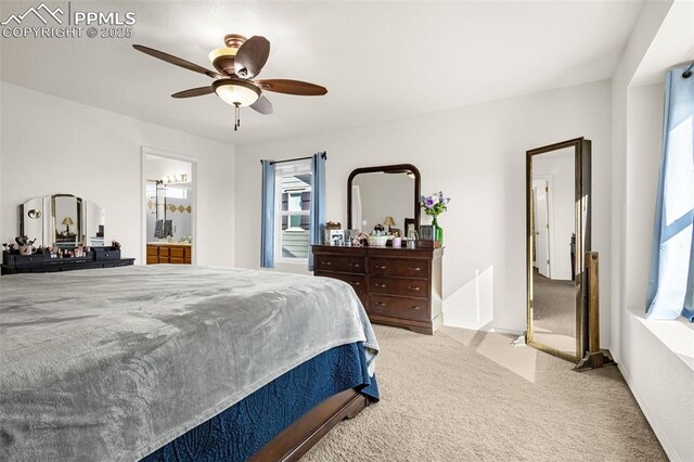 2951 Poughkeepsie Dr, Colorado Springs, CO 80916 - bedroom featuring a ceiling fan, connected bathroom, and carpet