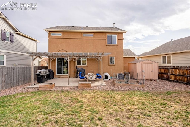 2951 Poughkeepsie Dr, Colorado Springs, CO 80916 - rear view of house featuring stucco siding, a shed, a patio area, an outbuilding, and a yard