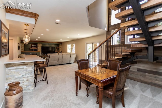 18383 Lazy Summer Way, Monument, CO 80132 - dining area with carpet, stairs, and recessed lighting