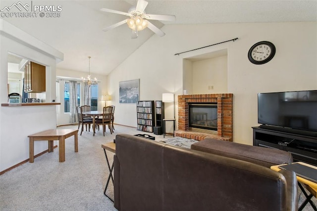 6627 Wagon Ridge Dr, Colorado Springs, CO 80923 - carpeted living room with a fireplace, ceiling fan with notable chandelier, baseboards, and lofted ceiling
